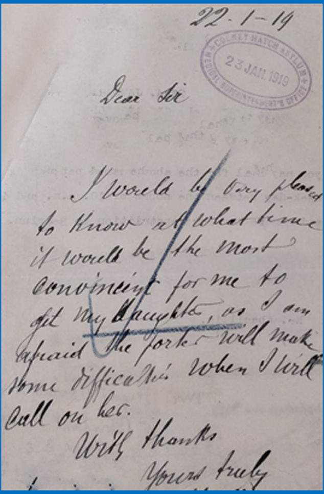 A hand written letter from Leonie’s father, to Colney Hatch Mental Hospital, 1919