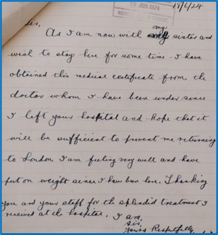 Minnie's hand written letter to Colney Hatch Mental Hospital, June 1924