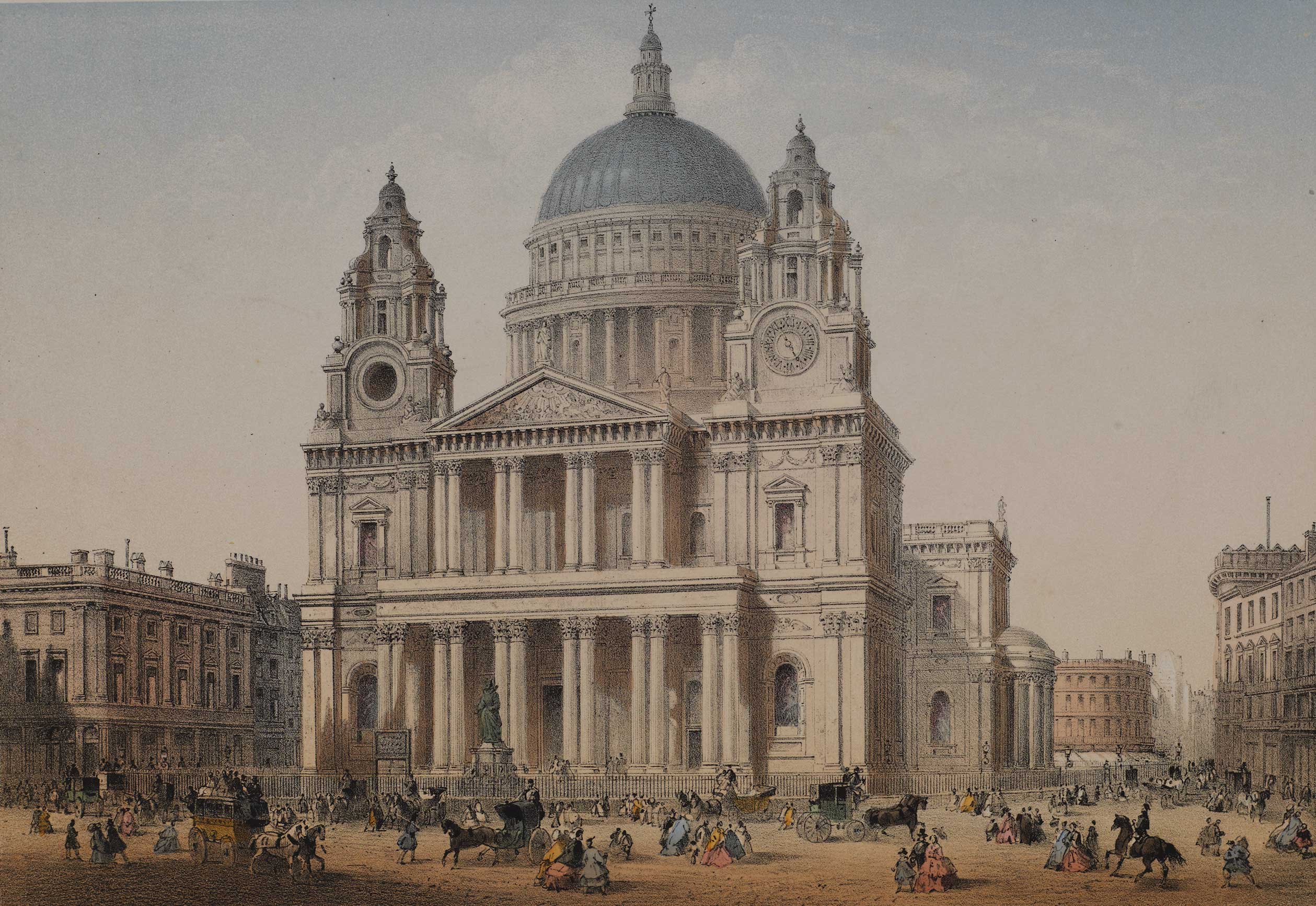 View of St Paul's Cathedral's west front with figures, carriages, omnibuses and horses in street, 1855